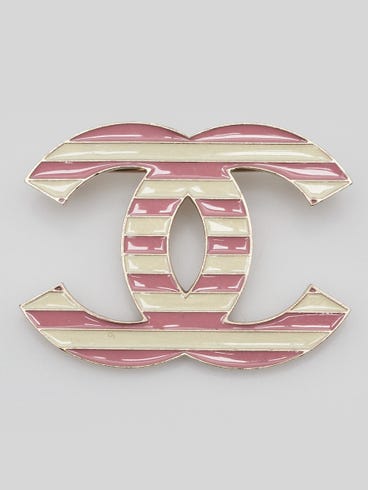 Chanel Gold Metal Pink Resin Striped CC Brooch