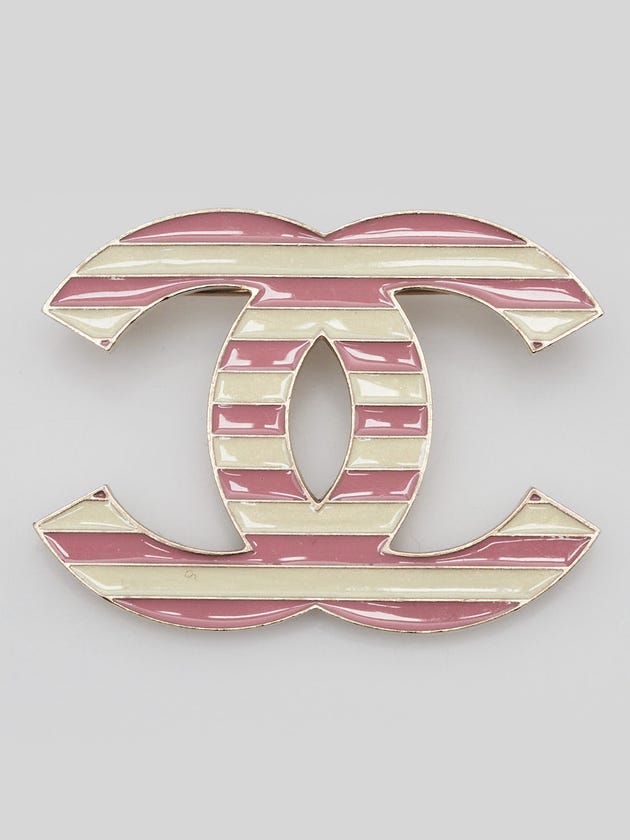 Chanel Gold Metal Pink Resin Striped CC Brooch