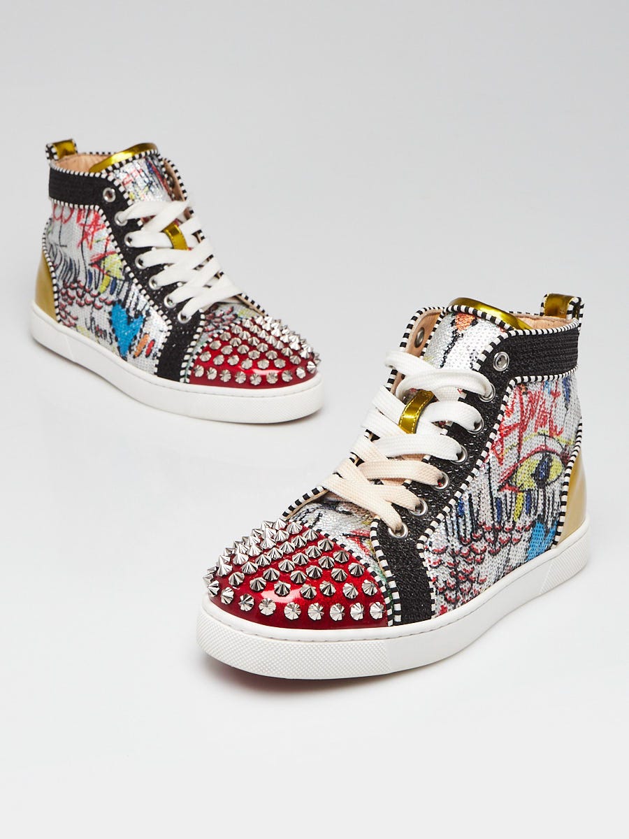 Christian Louboutin Version Silver Patent Flash Paillettes Rantus Orlato High-Top Sneakers Size 3.5/34