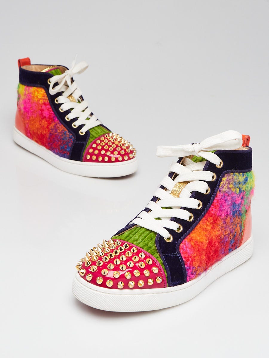 Christian Louboutin Multicolor Patent Leather/Wool Lou Spikes Orlato High-Top Sneakers Size 4.5/35
