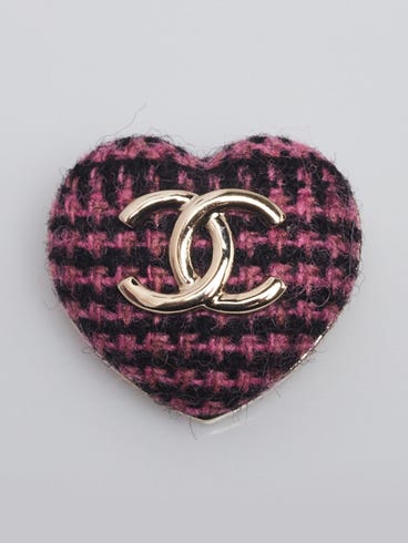 Chanel Goldtone Metal Pink Tweed CC Heart Brooch