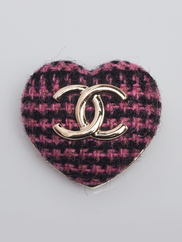 Chanel Goldtone Metal Pink Tweed CC Heart Brooch