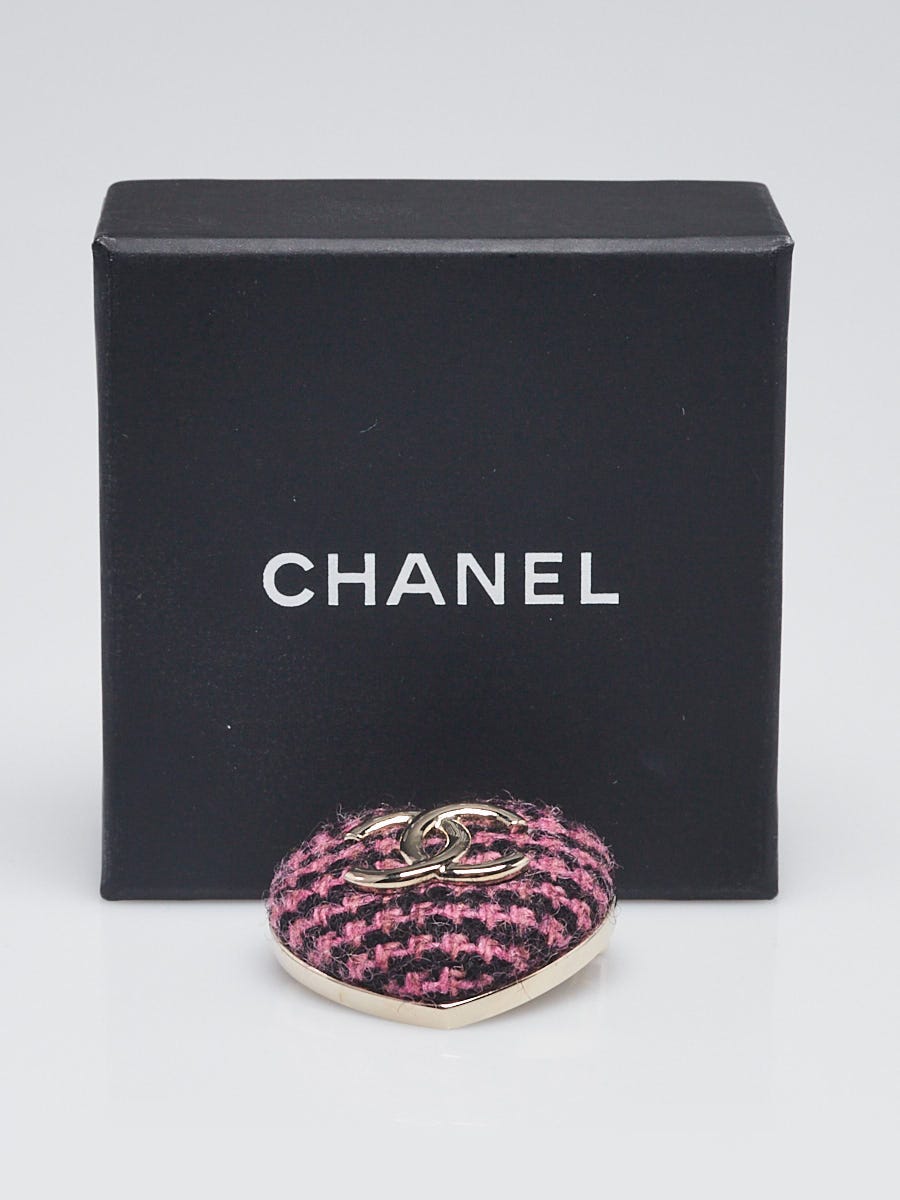 Chanel Goldtone Metal Pink Tweed CC Heart Brooch