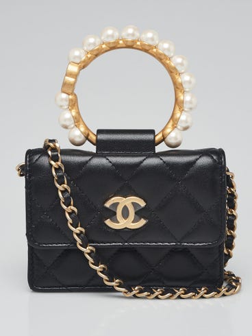 Chanel Black Quilted Lambskin Leather Pearl Crown Clutch Card Holder On Chain Bag