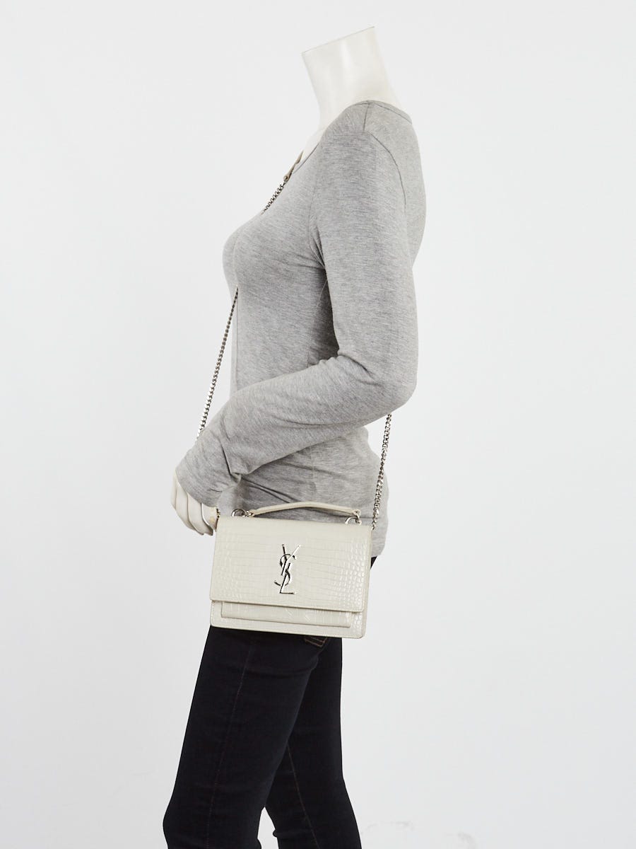Yves Saint Laurent White Crocodile Embossed Leather Sunset Wallet on Chain Bag