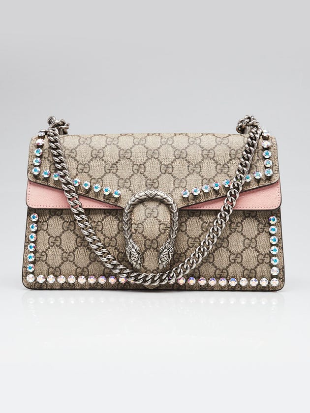 Gucci Beige/Pink GG Supreme Coated Canvas Crystal Small Dionysus Shoulder Bag