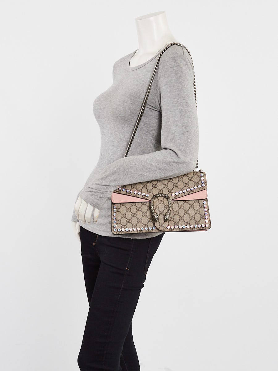 Gucci Beige/Pink GG Supreme Coated Canvas Crystal Small Dionysus Shoulder Bag