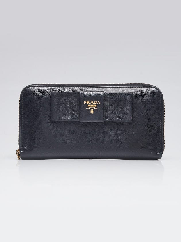 Prada Black Saffiano Leather Bow Zippy Wallet