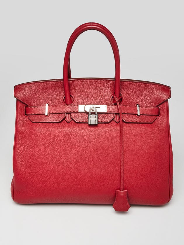 Hermes 35cm Rouge Casaque Clemence Leather Palladium Plated Birkin Bag