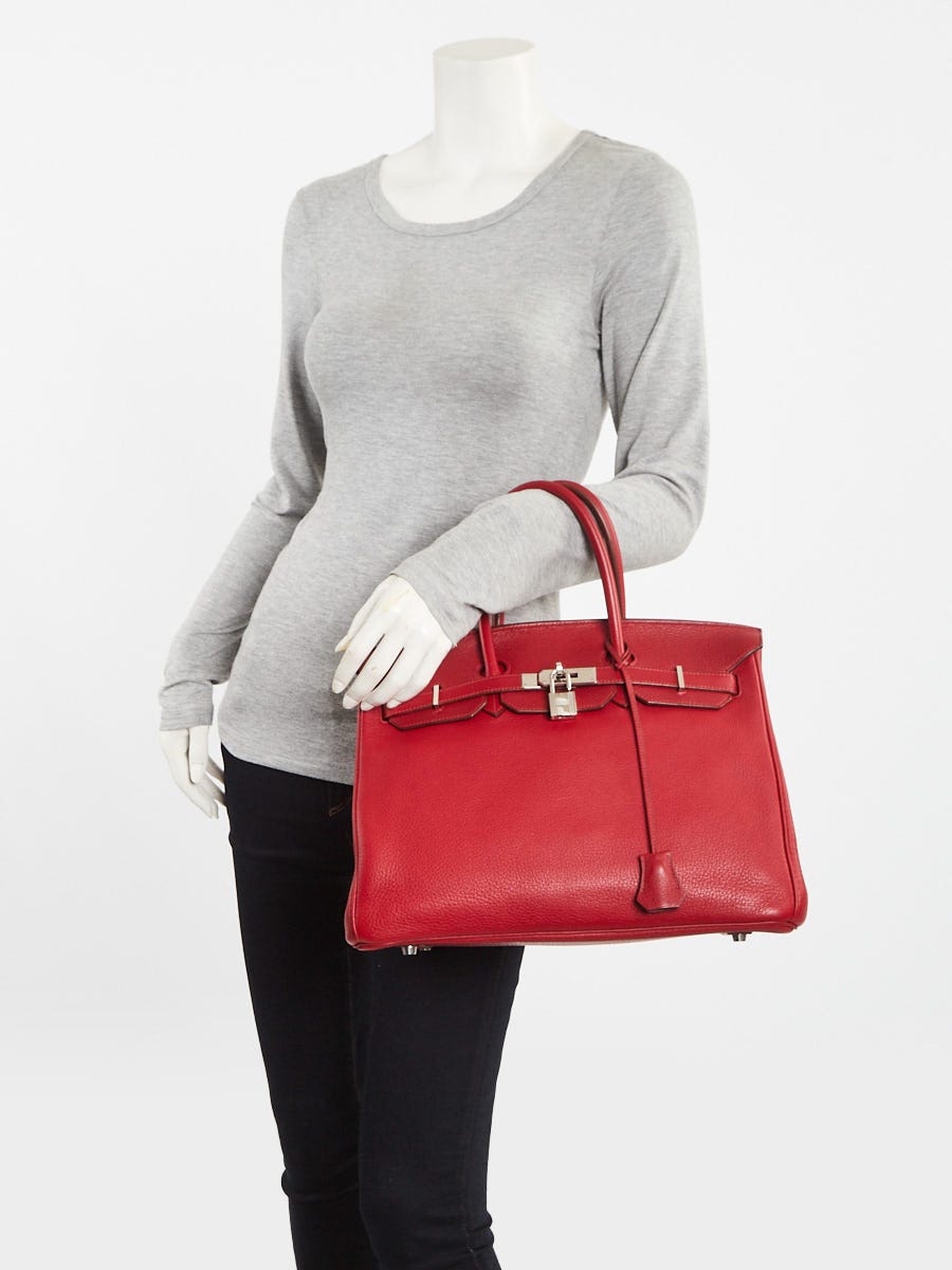 Hermes 35cm Rouge Casaque Clemence Leather Palladium Plated Birkin Bag