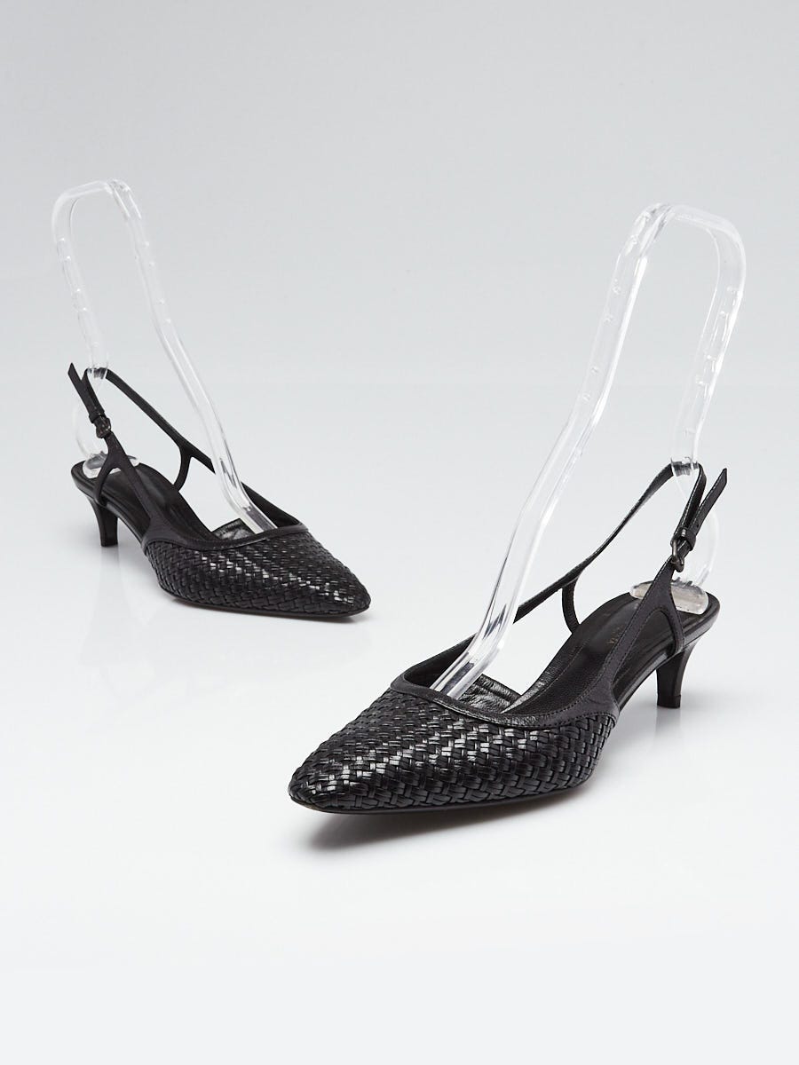 Bottega Veneta Black Woven Leather Sling Back Kitten Heel Pumps Size 6.5/37