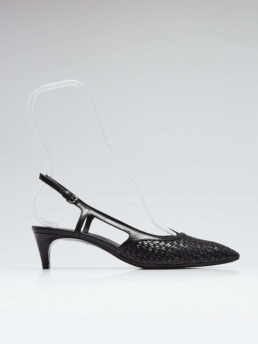 Bottega Veneta Black Woven Leather Sling Back Kitten Heel Pumps Size 6.5/37
