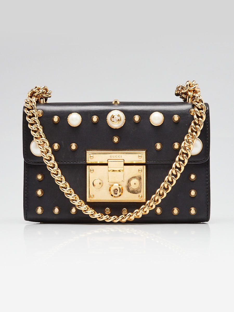 Gucci Black Leather Faux Pearl Stud Padlock Small Shoulder Bag