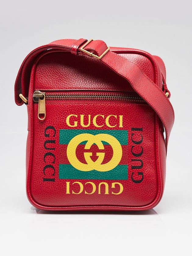 Gucci Red Pebbled Leather Retro Print Messenger Bag