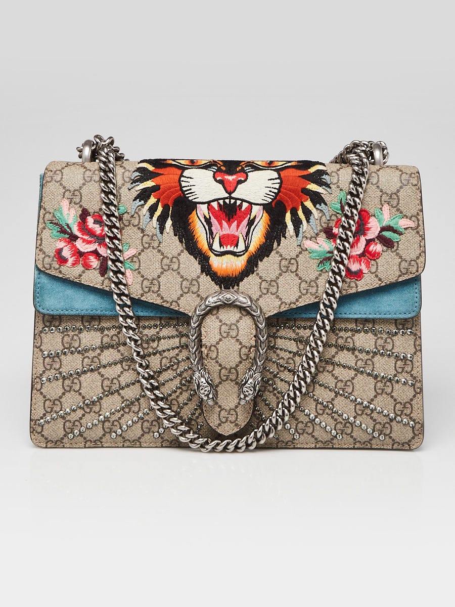 Gucci Beige GG Supreme Canvas Embroidered Tiger Medium Dionysus Shoulder Bag