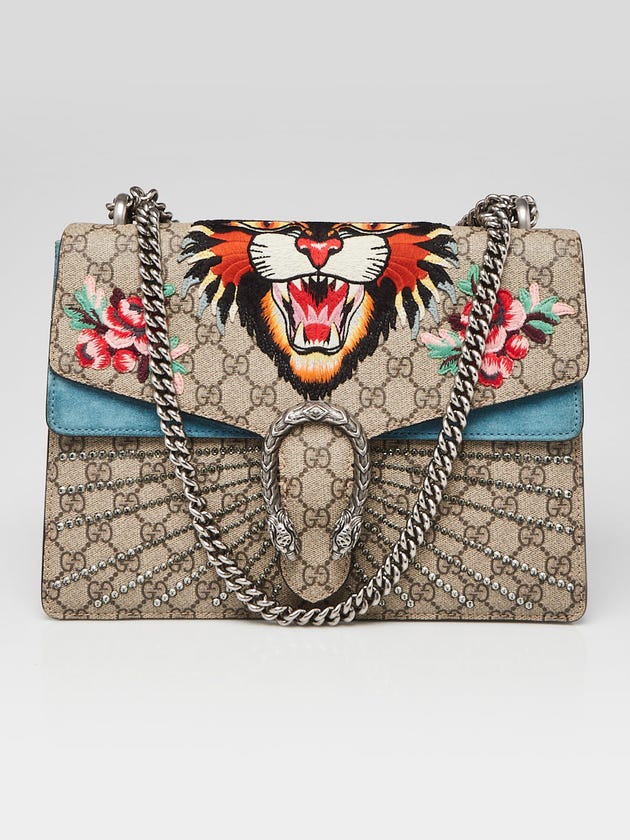 Gucci Beige GG Supreme Canvas Embroidered Tiger Medium Dionysus Shoulder Bag