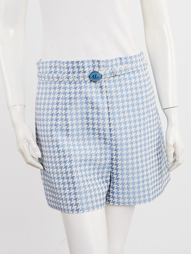 Christian Dior White/Blue Houndstooth Cotton Blend Shorts Size 10/42