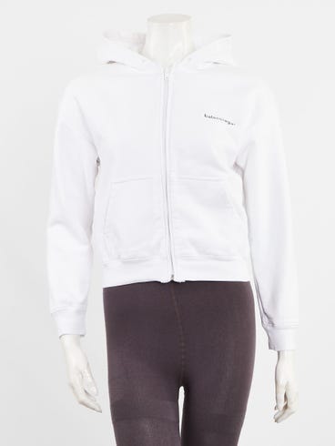 Balenciaga White Cotton Zip-Up Sweatshirt Cropped Hoodie Size S