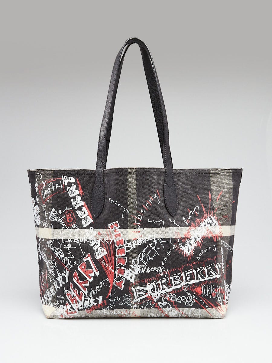Burberry Black Classic Check Canvas Doodle Reversible Tote Bag