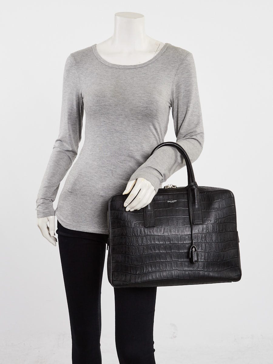 Yves Saint Laurent Black Croc Embossed Leather Museum Briefcase Bag w/o Strap