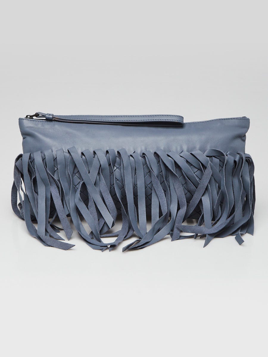 Bottega Veneta Blue Lambskin Leather Fringe Clutch Bag | Yoogi's