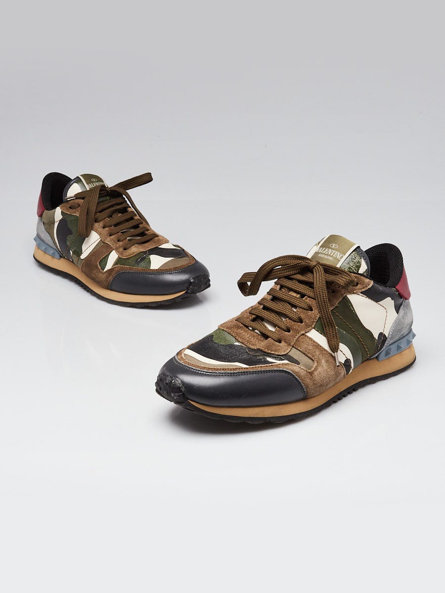 Valentino Black/Green Camo Print Leather and Suede Rockstud Sneakers Size 11.5/42