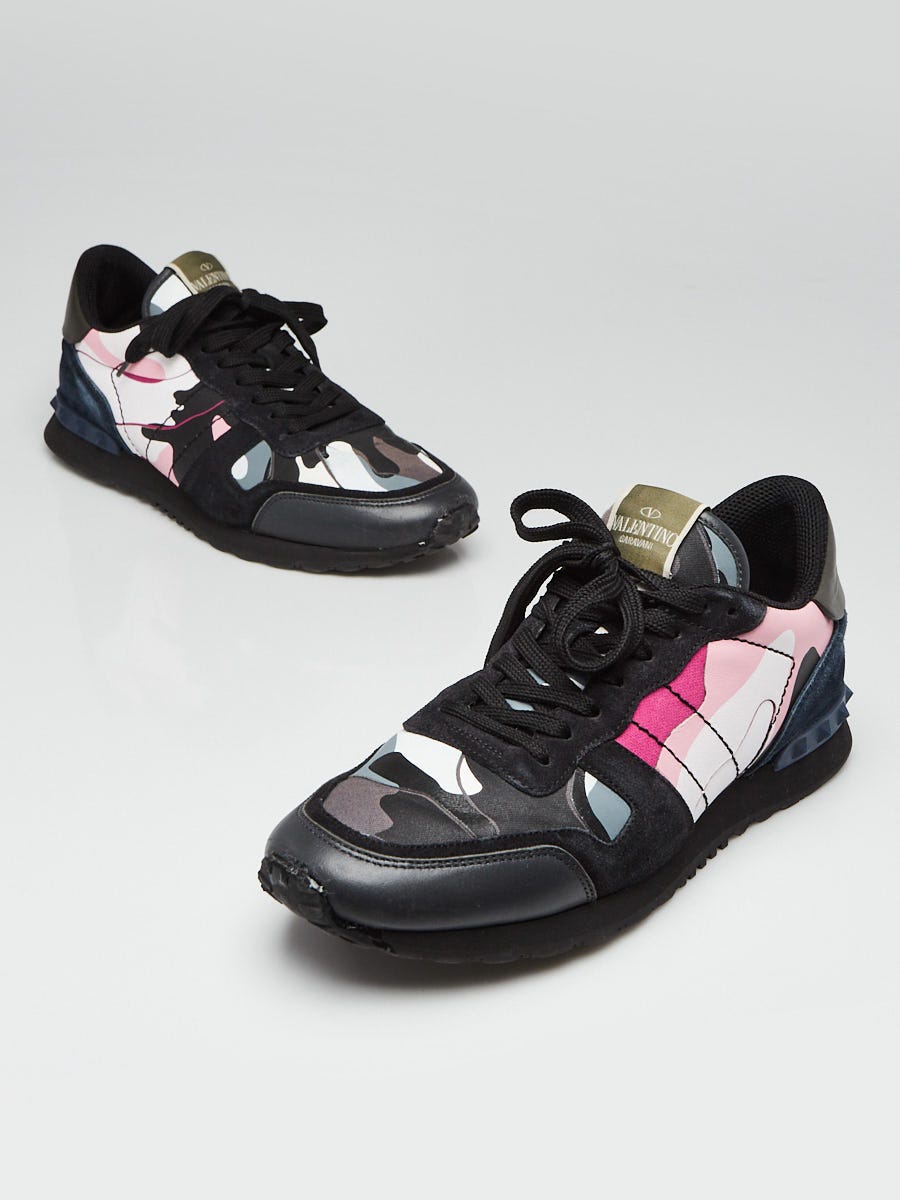 Valentino Black/Pink Camo Print Leather and Suede Rockstud Sneakers Size 11.5/42