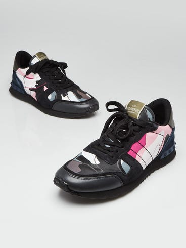 Valentino Black/Pink Camo Print Leather and Suede Rockstud Sneakers Size 11.5/42