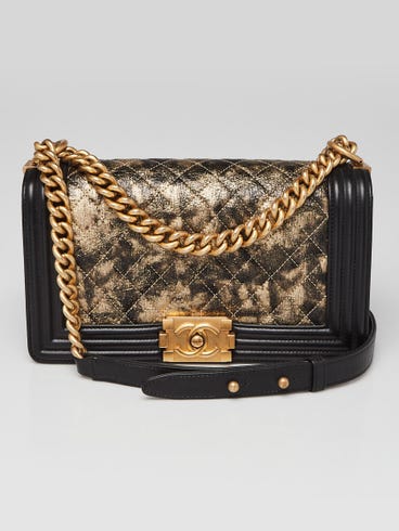 Chanel Metallic Gold/Black Quilted Crumpled Goatskin Leather Medium Boy Bag
