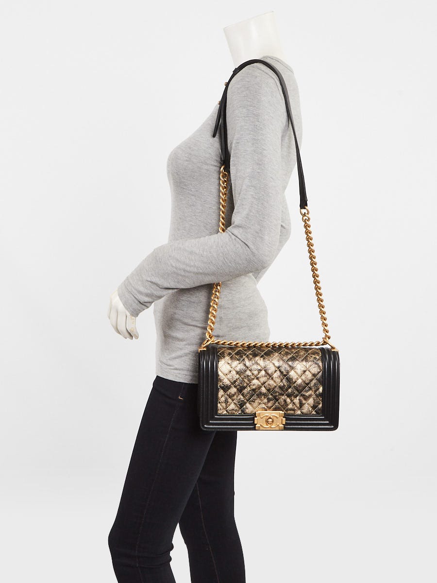Chanel Metallic Gold/Black Quilted Crumpled Goatskin Leather Medium Boy Bag