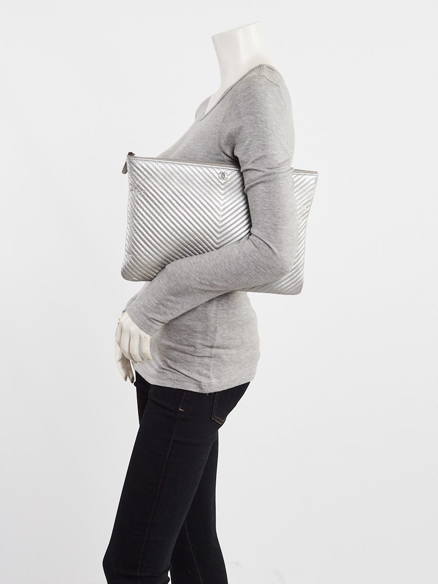 Chanel Silver Chevron Quilted Leather Classic O-Case Zip Large Pouch