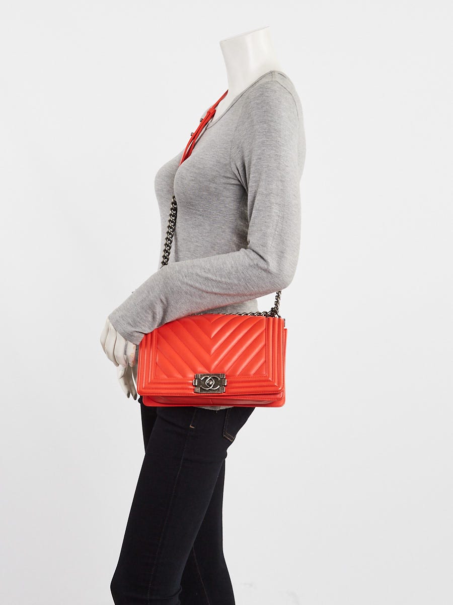Chanel Orange Chevron Quilted Lambskin Leather Medium Boy Bag	