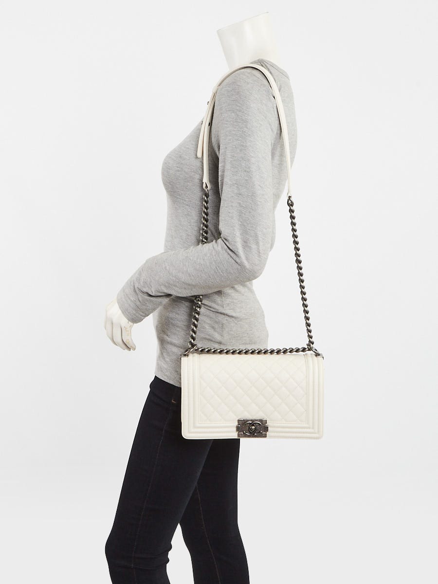 Chanel Ivory Quilted Caviar Leather Medium Boy Bag