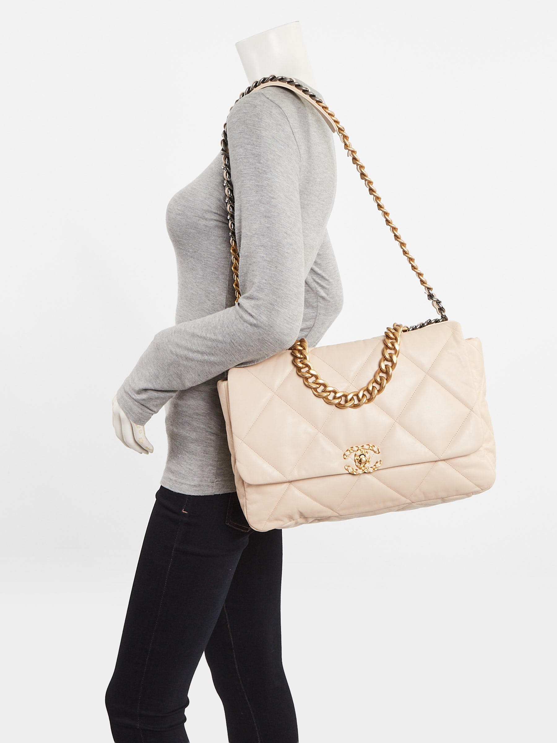 Chanel Beige Quilted Lambskin Leather Chanel 19 Maxi Flap Bag