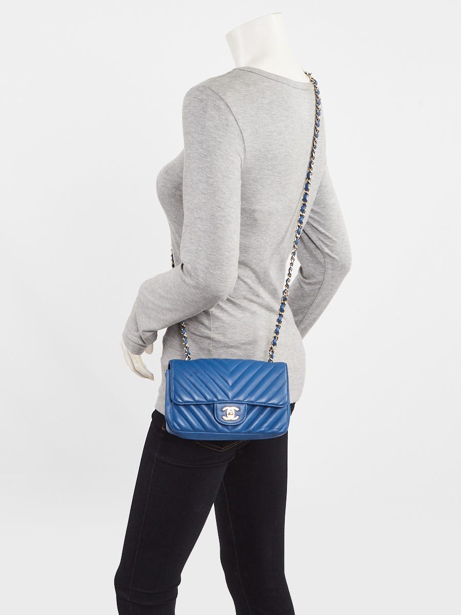 Chanel Blue Chevron Quilted Lambskin Leather Classic Mini Rectangular Bag