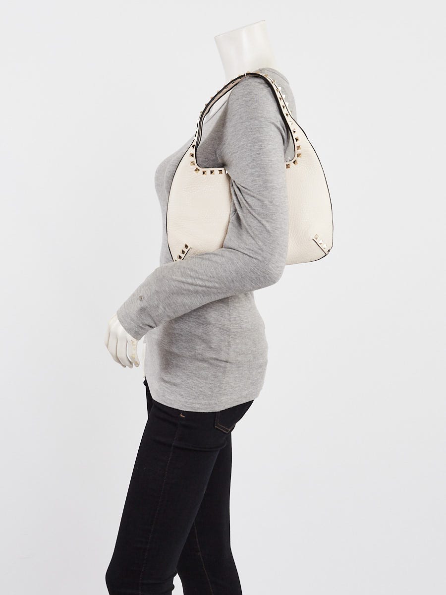 Valentino White Grainy Calfskin Leather Rockstud Hobo Bag