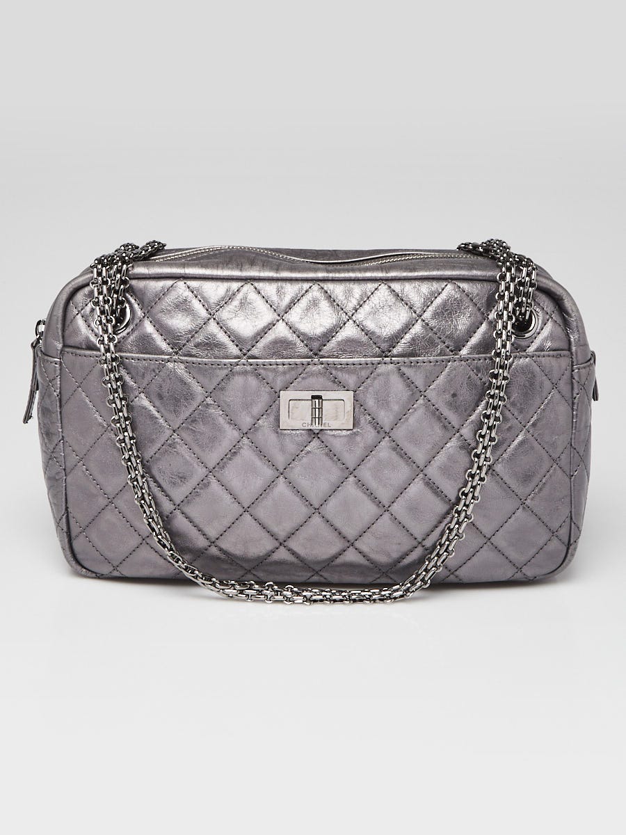 Chanel Dark Silver Metallic Quilted Calfskin Leather Reissue Medium Camera Case Bag