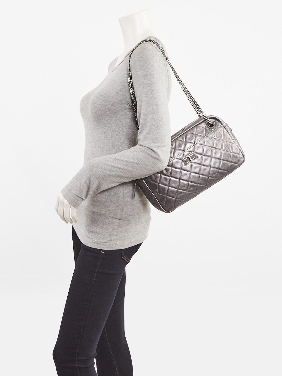 Chanel Dark Silver Metallic Quilted Calfskin Leather Reissue Medium Camera Case Bag