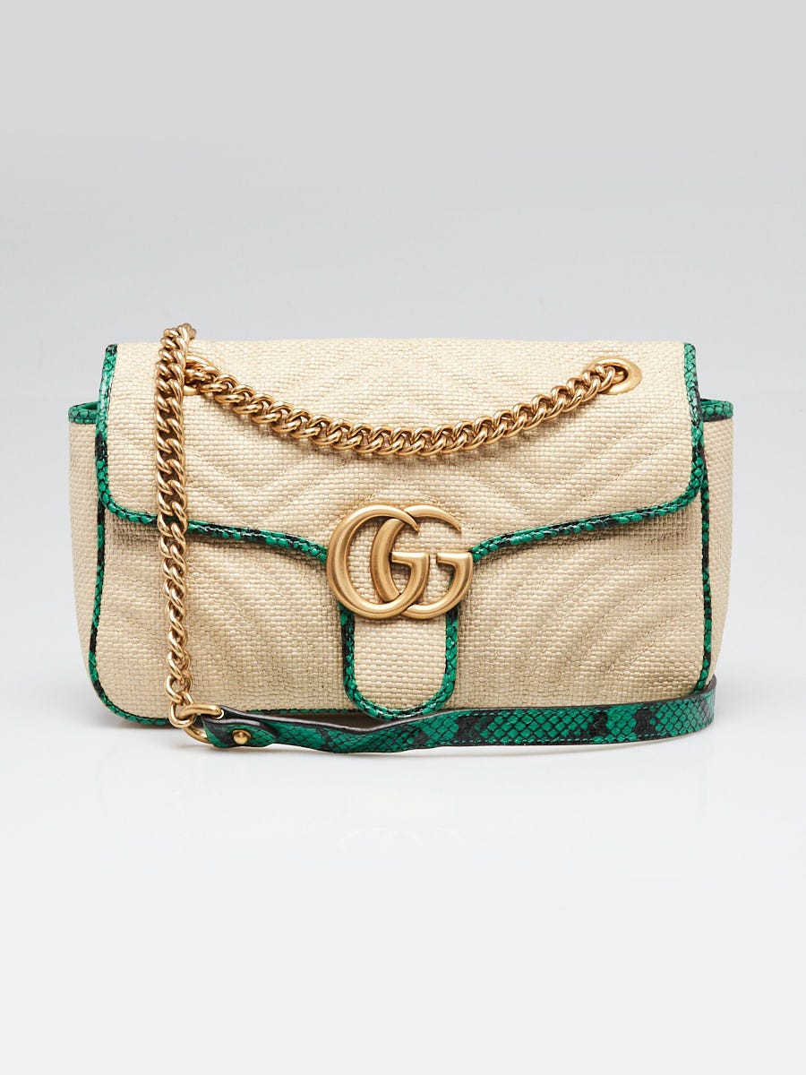 Gucci Natural Raffia and Green Snakeskin GG Marmont Small