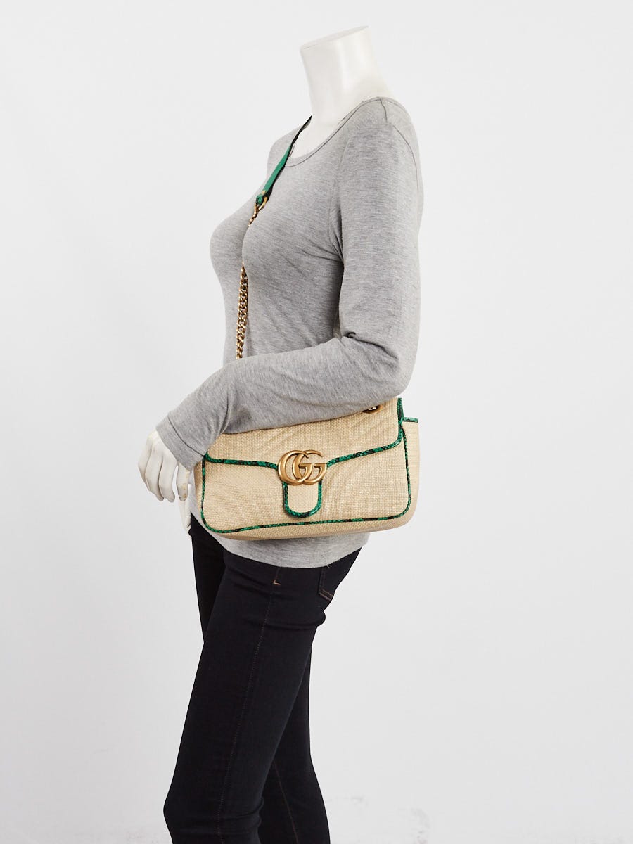 Gucci Natural Raffia and Green Snakeskin GG Marmont Small