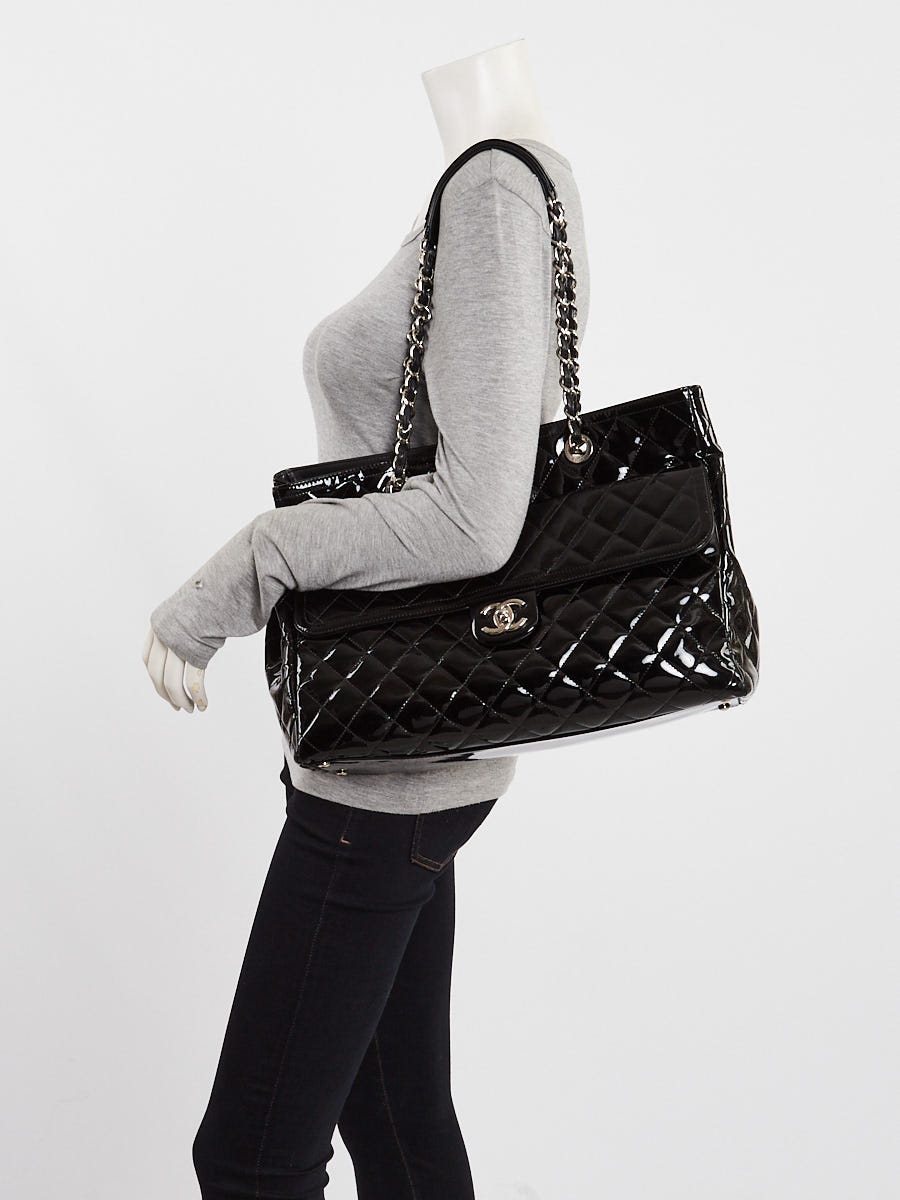 Chanel Black Quilted Patent Leather Front Pocket Large Tote Bag