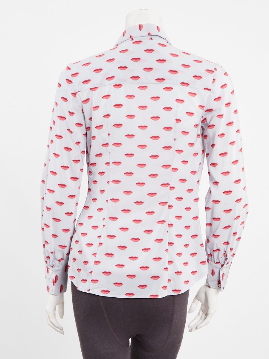 Prada Light Blue/Pink Silk Long Sleeve Lips Print Blouse Size 4/38