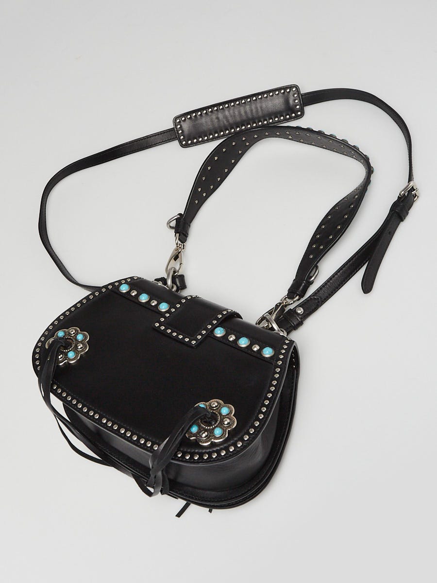 Prada Black City Calf Leather Turquoise Studded Folk Corsiere