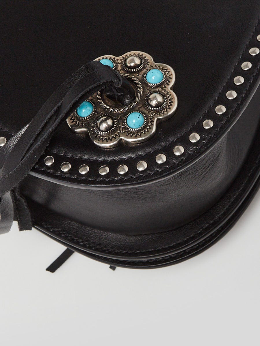 Prada Black City Calf Leather Turquoise Studded Folk Corsiere