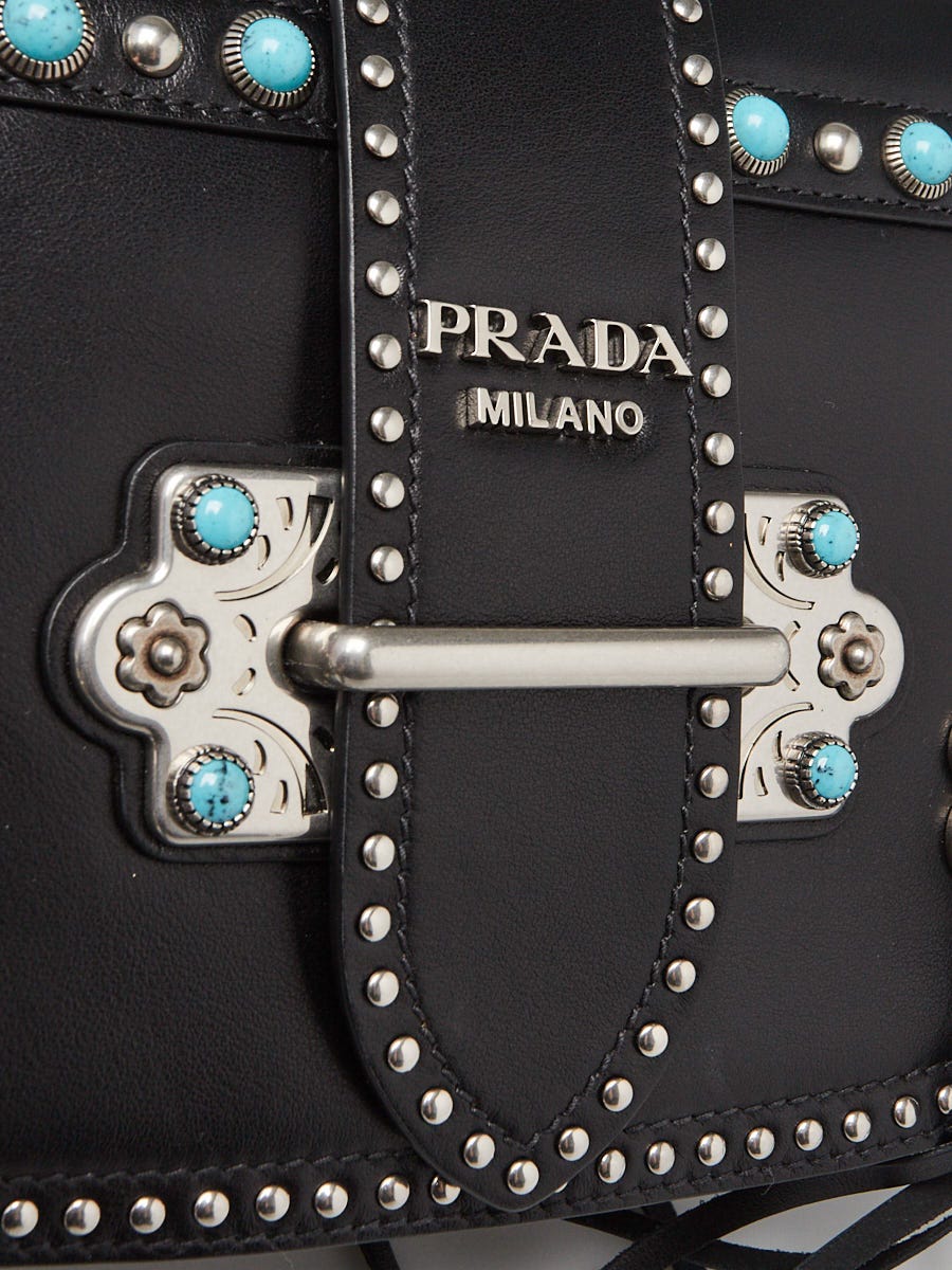 Prada Black City Calf Leather Turquoise Studded Folk Corsiere