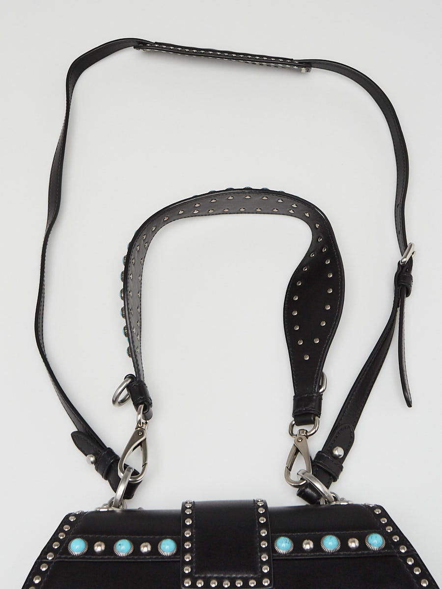 Prada Black City Calf Leather Turquoise Studded Folk Corsiere