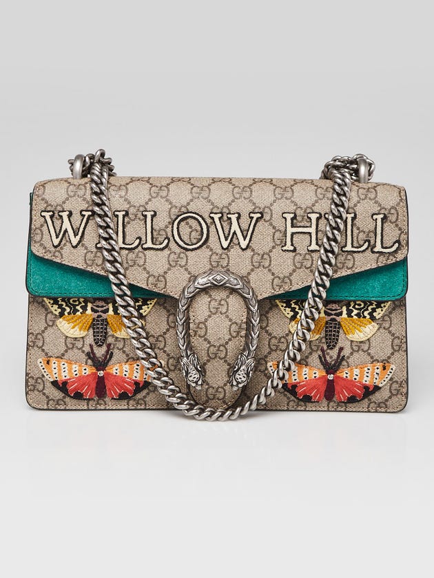 Gucci Beige/Green GG Supreme Canvas/Suede Embroidered Patch Small Dionysus Shoulder Bag