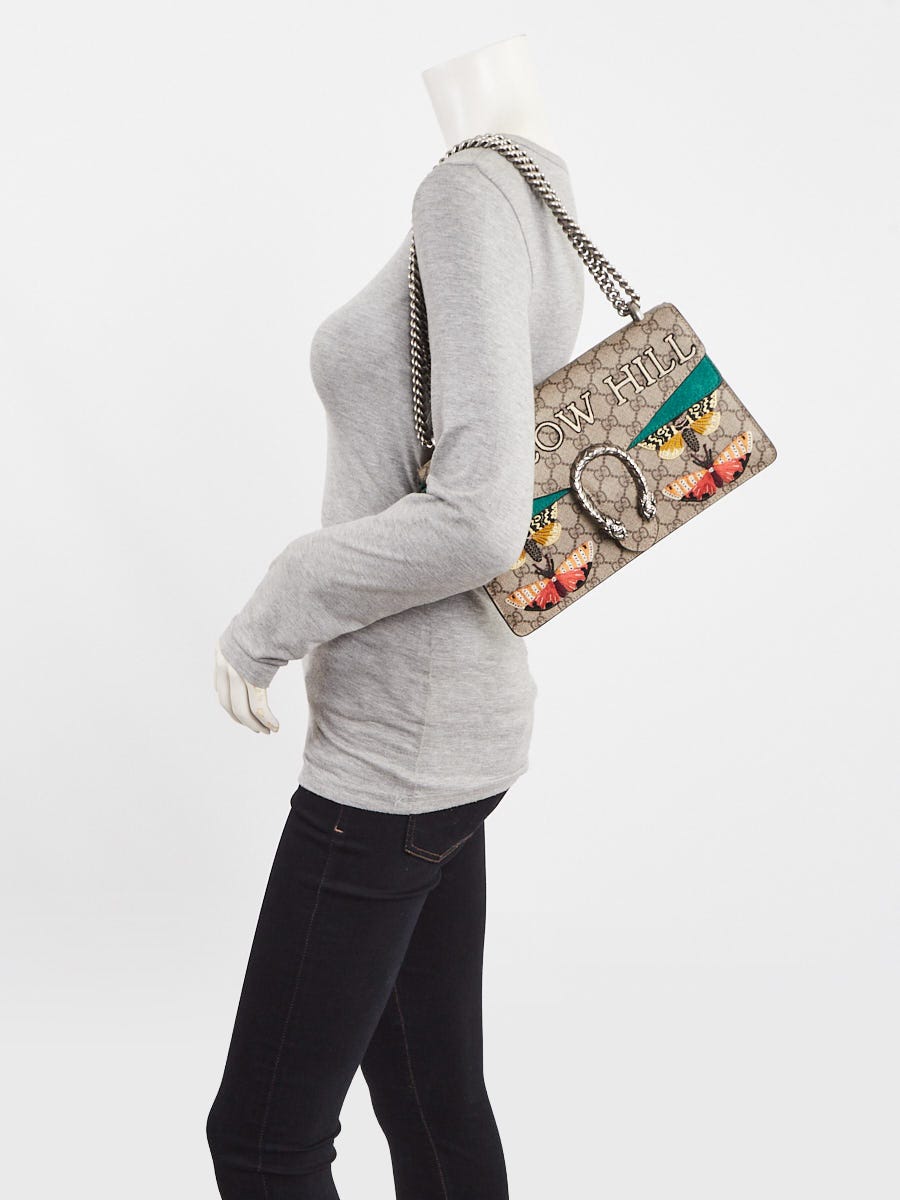 Gucci Beige/Green GG Supreme Canvas/Suede Embroidered Patch Small Dionysus Shoulder Bag