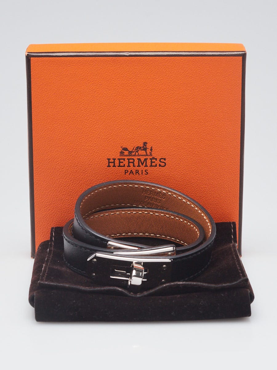 Hermes Black Chamonix Leather Palladium Plated Kelly Double Tour