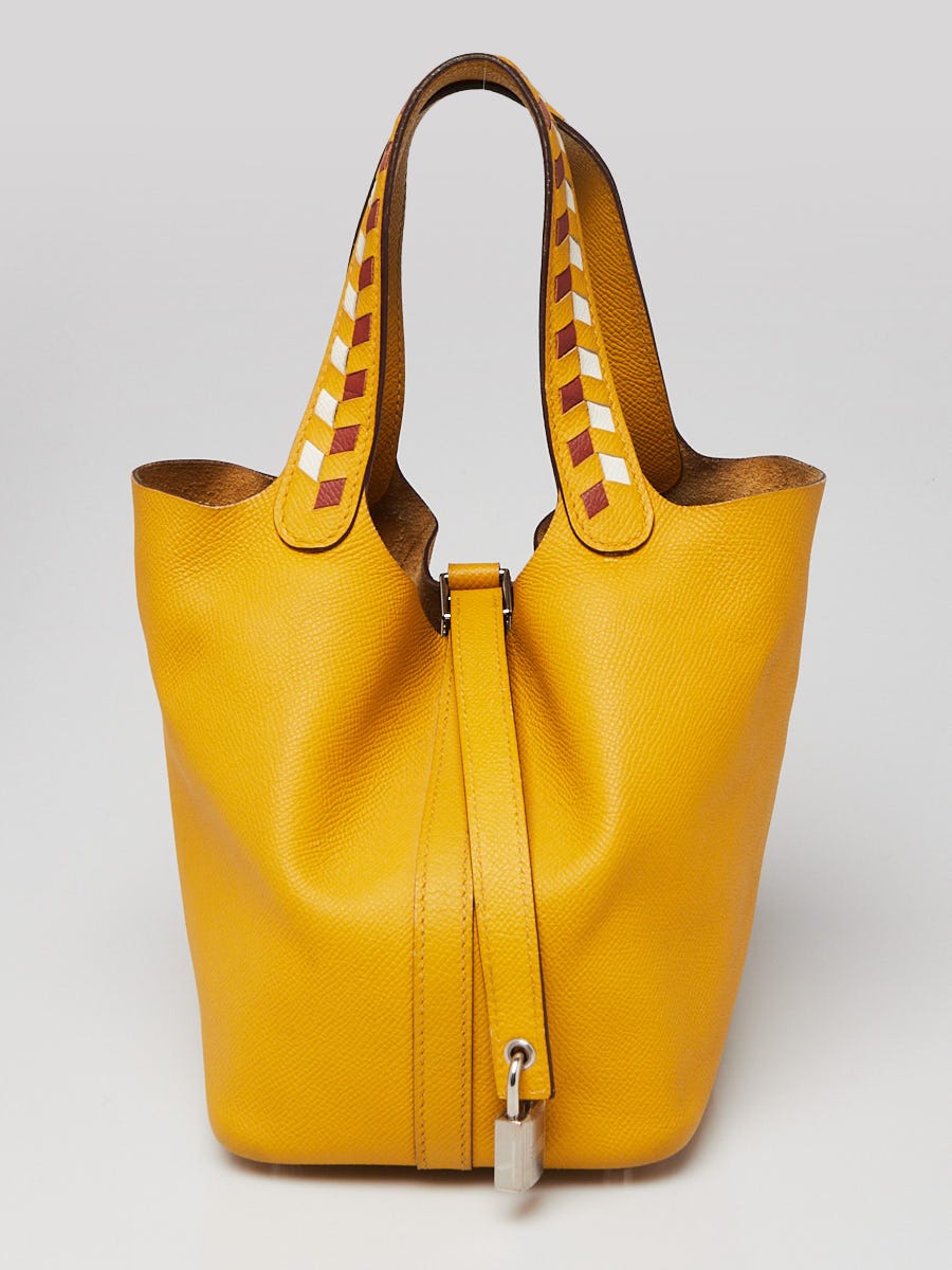 Hermes Jaune Ambre/Brique/White Epsom Leather Tressage De Cuir Picotin Bag